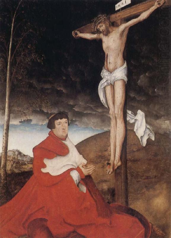 Hans holbein the younger Cardinal Albrecht of Branden-burg before the Crucifiel Christ china oil painting image